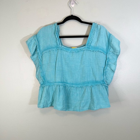 C&C California Blue Cotton Square Flutter Ruffle Sleeve Peplum Blouse Large NWT - Picture 2 of 10